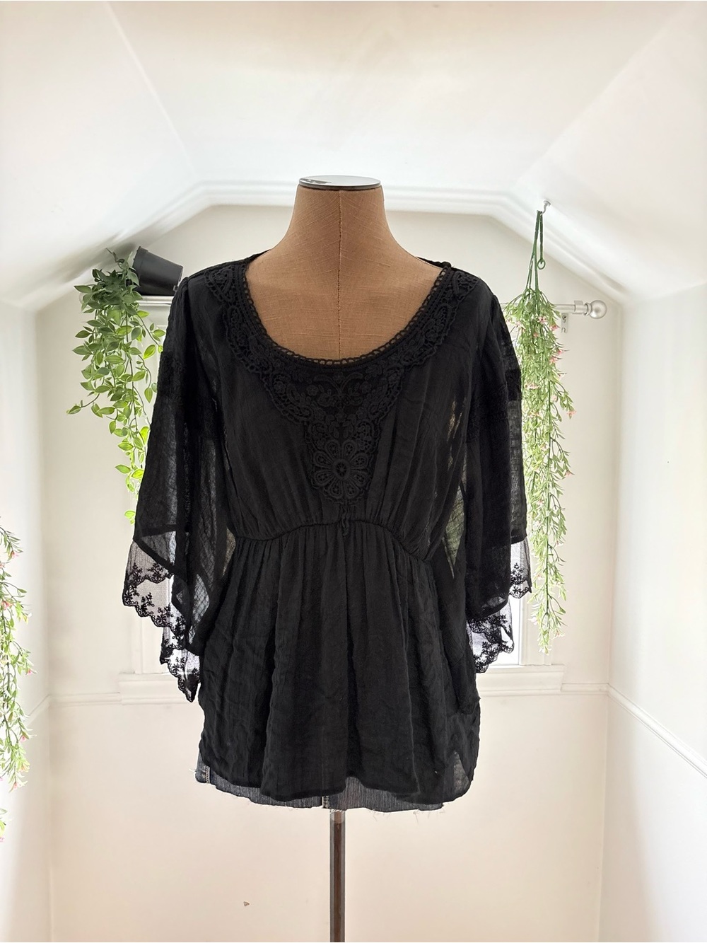 Boho Lace-Trim Black Blouse